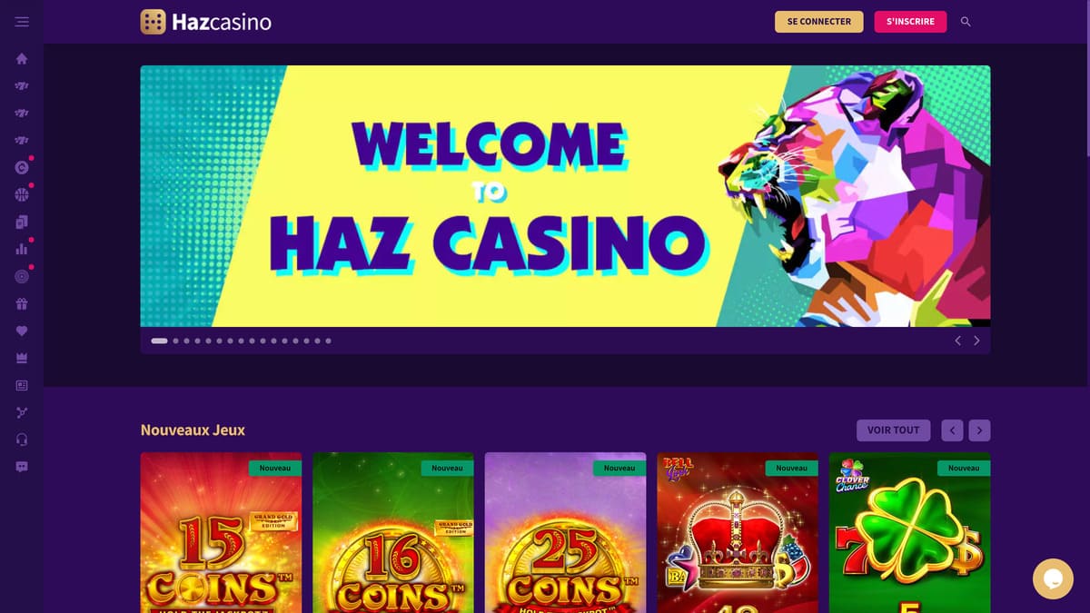 Lobby de Hazcasino présentant la sélection de machines à sous et le menu de navigation principal