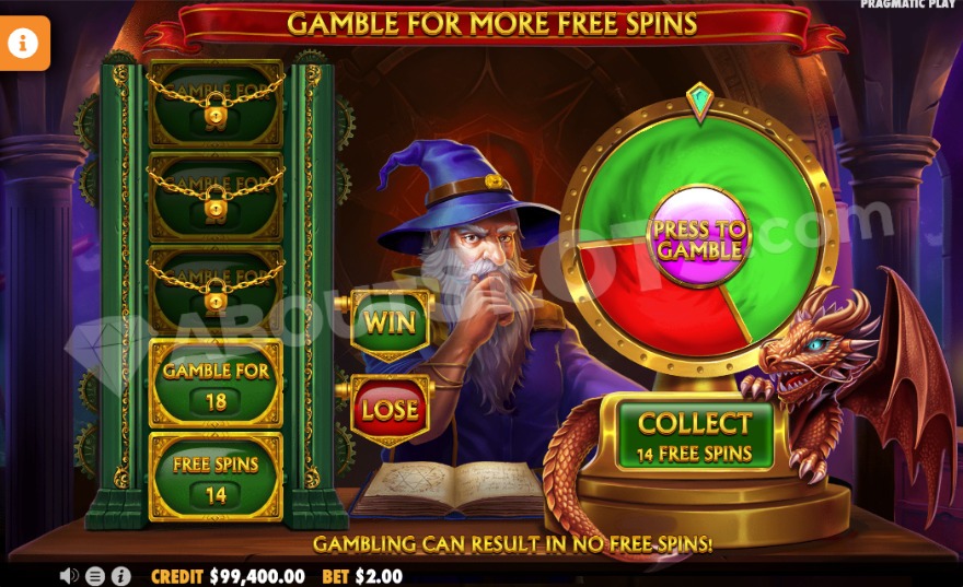 Roue du menu Gamble de Power of Merlin Megaways pour tenter des free spins bonus