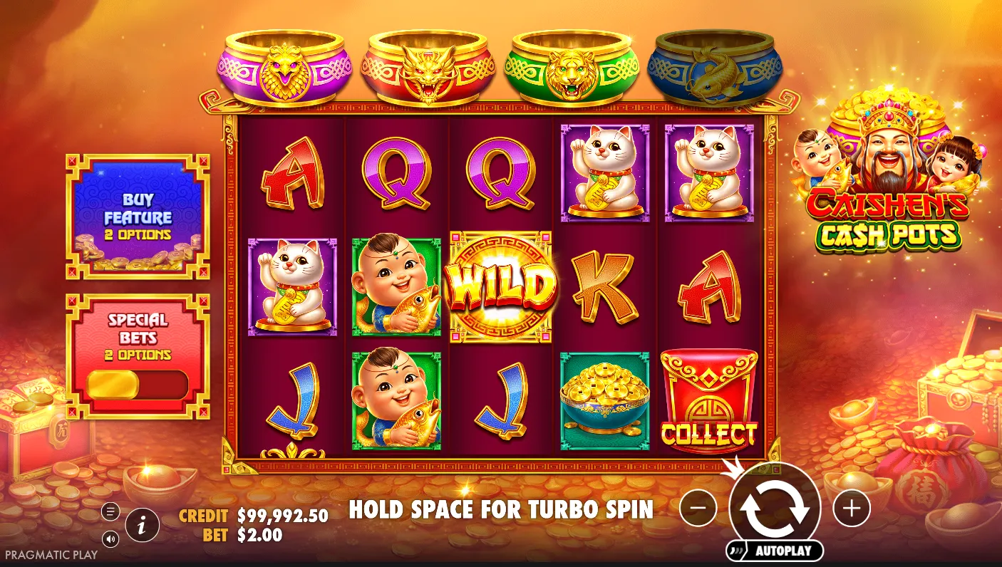 Écran de Free Spins de Caishen's Cash Pots avec les quatre pots collecteurs Phénix Dragon Tigre et Carpe activés
