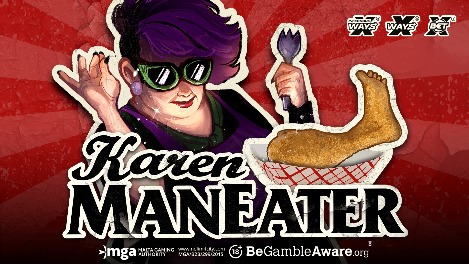 Artwork clé de Karen Maneater montrant le personnage Karen avec un seau de poulet frit et le logo du jeu Nolimit City