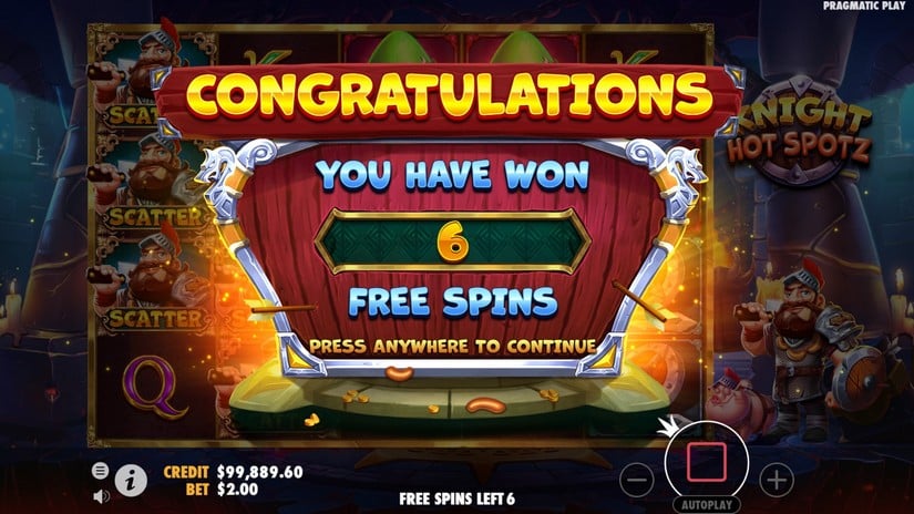 Écran de victoire sur Knight Hot Spotz annonçant 6 free spins après le déclenchement du bonus