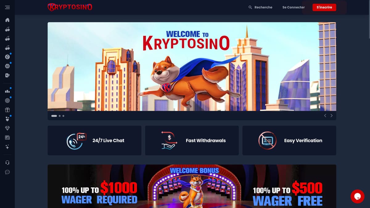 Interface du lobby Kryptosino avec la sélection de jeux organisés par catégories et filtres