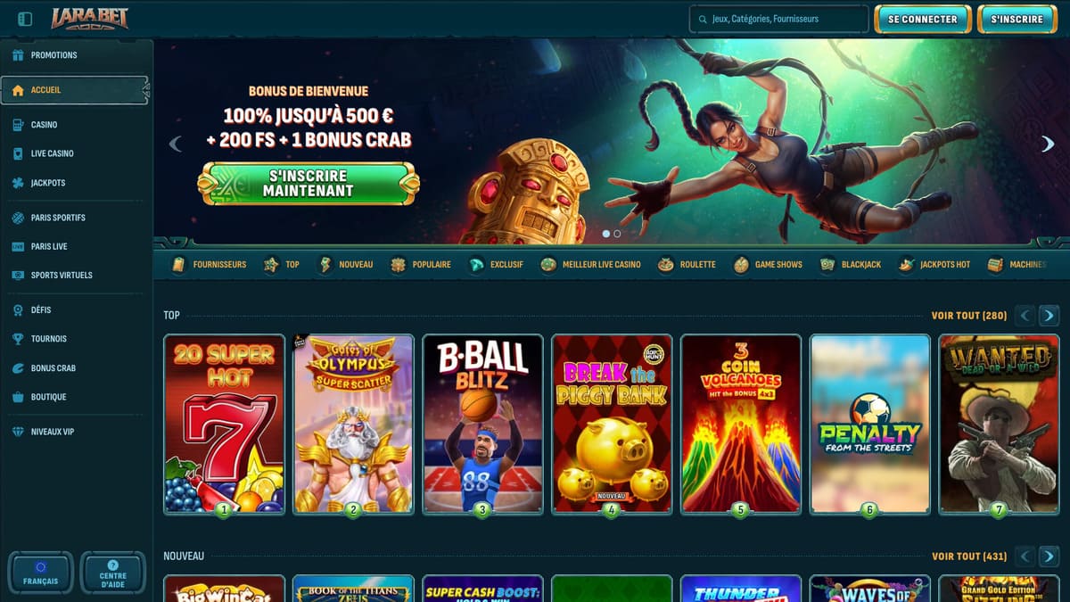 Interface du lobby principal de Larabet casino avec la section machines à sous et les jeux mis en avant
