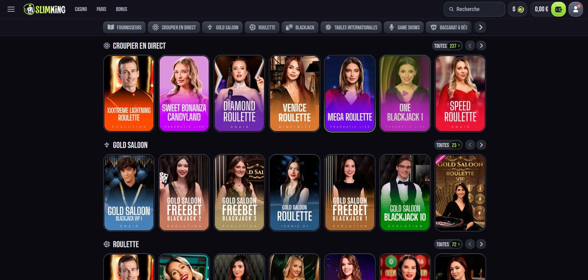 Section casino en direct de Slim King Casino avec les tables Evolution Gaming disponibles