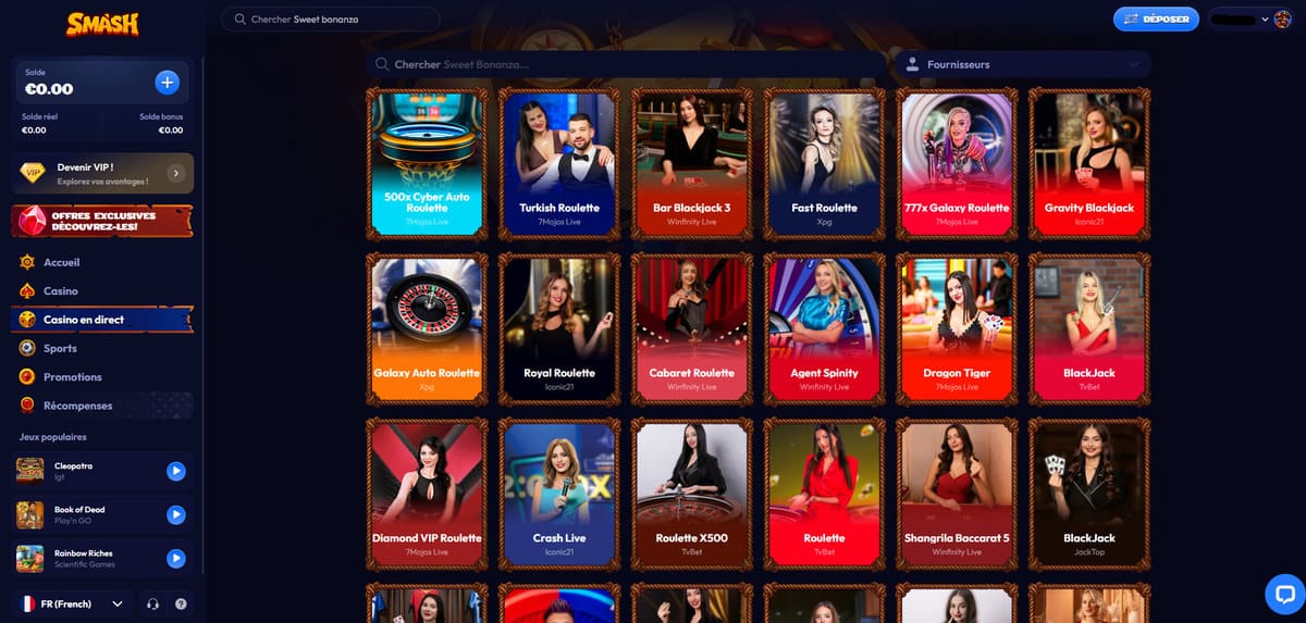 Interface du casino en direct de Smash Casino avec tables de blackjack et roulette en streaming