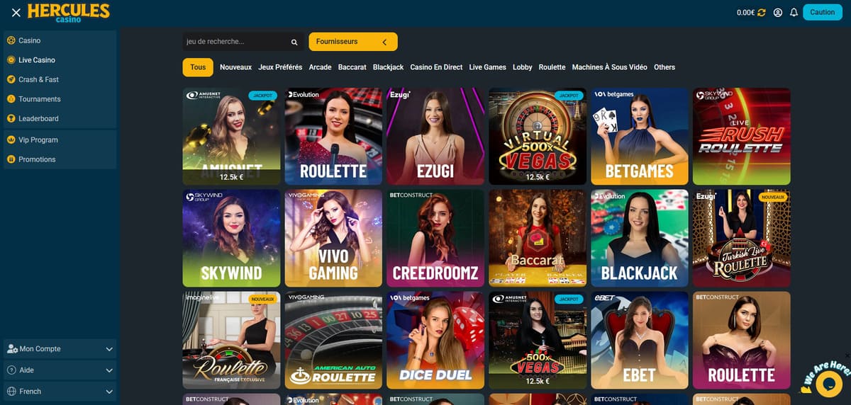 Sélection de tables de live casino sur Hercules Casino avec plus de 700 tables disponibles