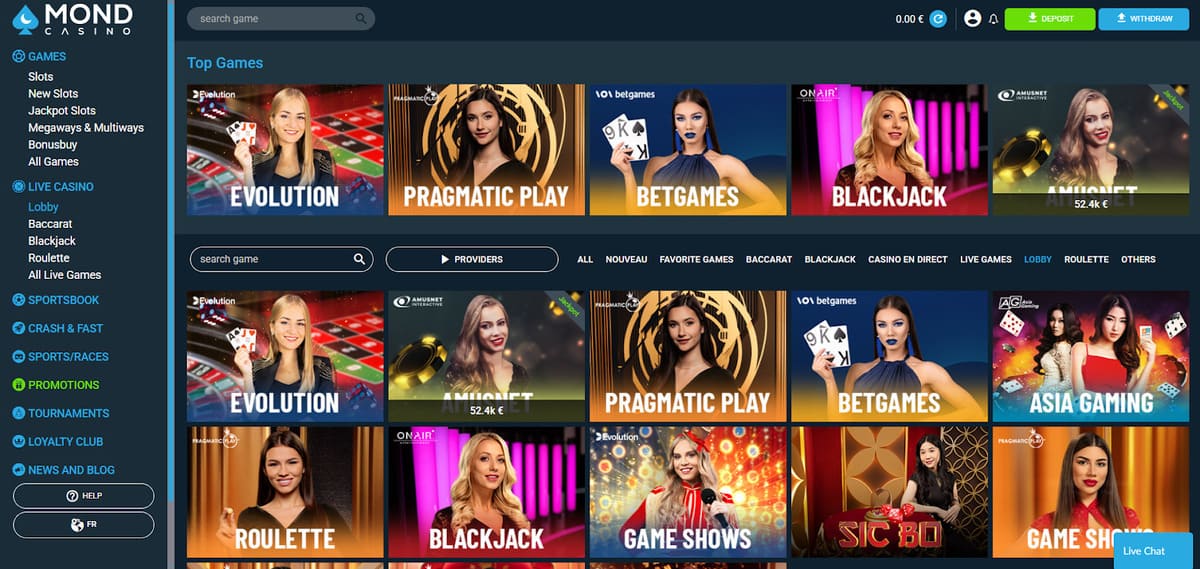 Section live casino de Mond Casino avec les tables Evolution Gaming et Pragmatic Play Live en direct