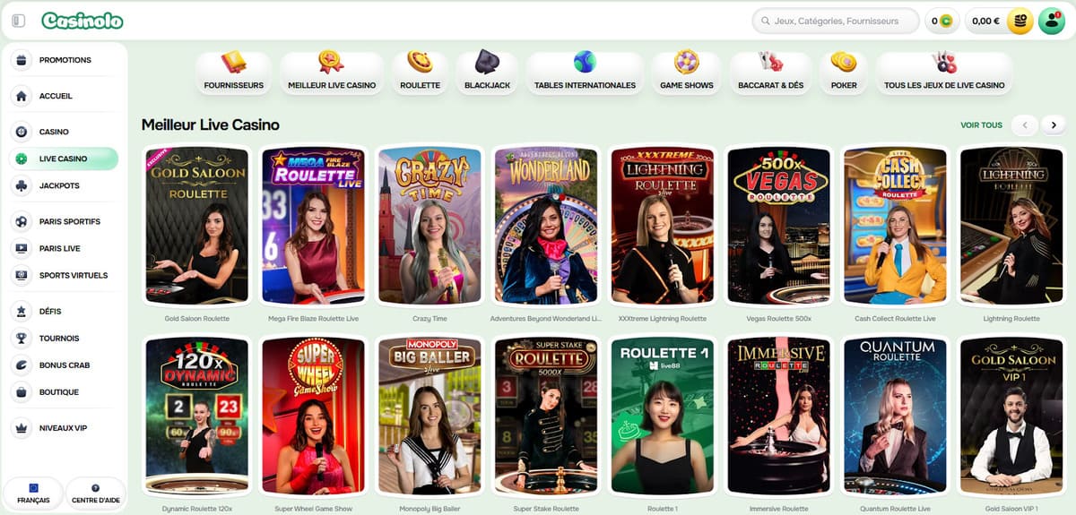 Casino en direct de Casinolo avec tables Evolution et Pragmatic Play Live accessibles en temps réel