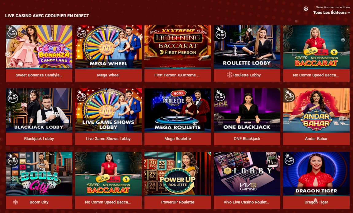 Lobby du casino en direct de RANT Casino avec les tables Evolution Gaming et Pragmatic Live