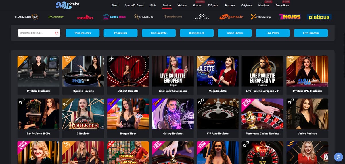 Lobby de jeux MyStake avec la mise en avant des machines à sous et des nouveautés