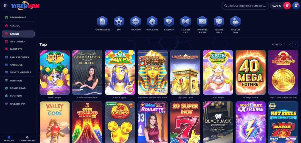 Lobby de ViperWin casino affichant les slots en vedette et les catégories de jeux