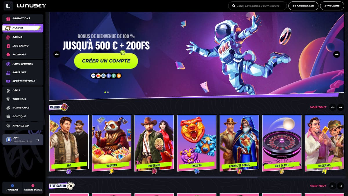 Interface lobby du casino Lunubet avec navigation entre slots, live casino et mini-jeux
