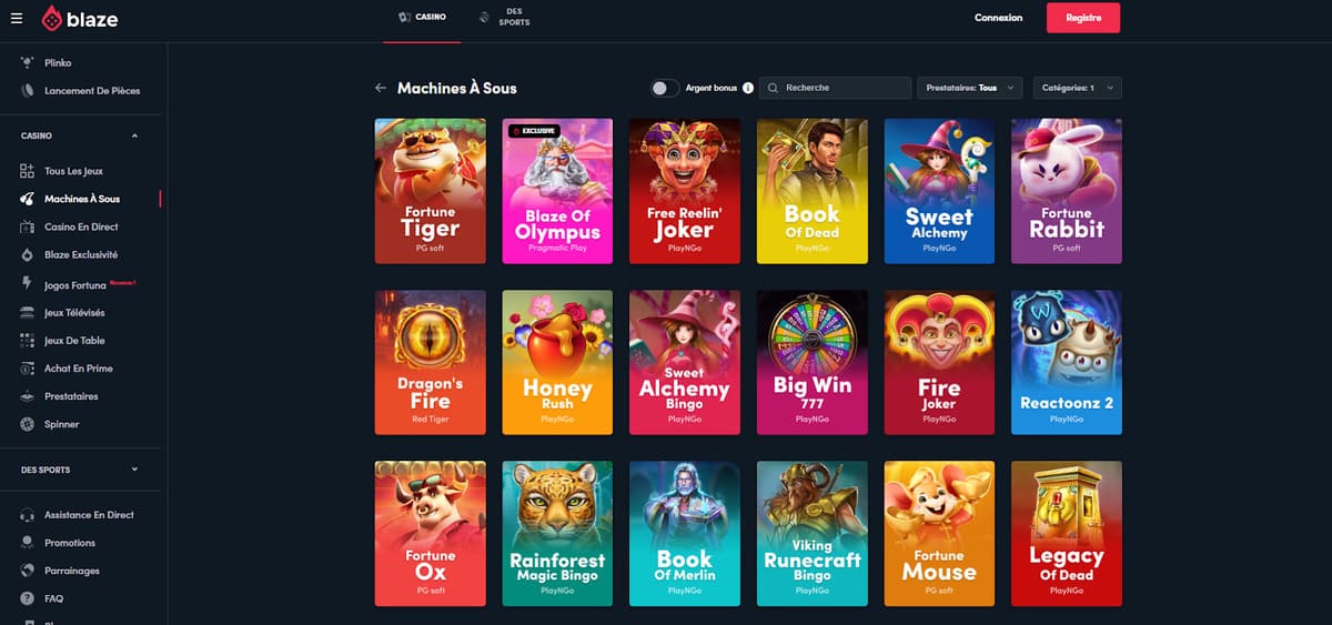 Catalogue de machines à sous sur Blaze Casino avec vignettes Pragmatic Play et NetEnt