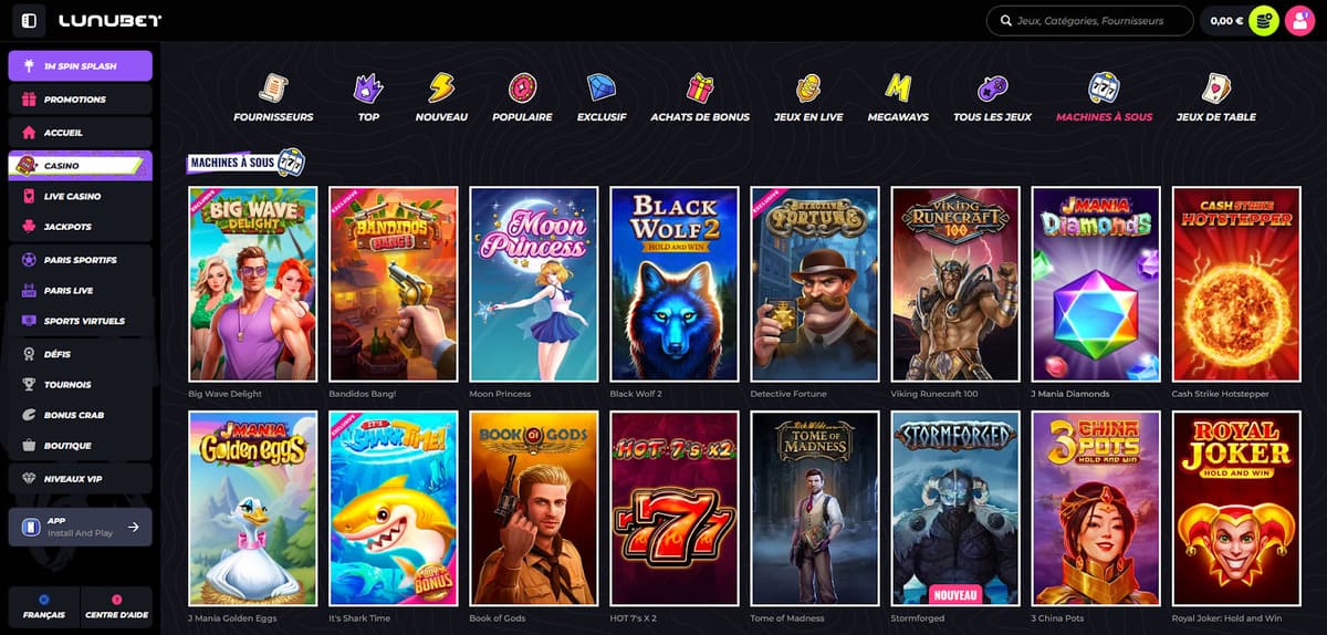 Section machines à sous de Lunubet affichant le catalogue de 4 000+ slots de 85 fournisseurs