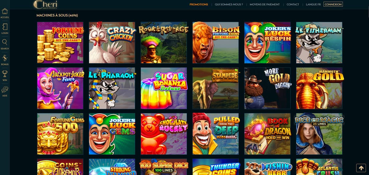 Section machines à sous de Cheri Casino avec les vignettes des 4 500 slots disponibles et la barre de recherche