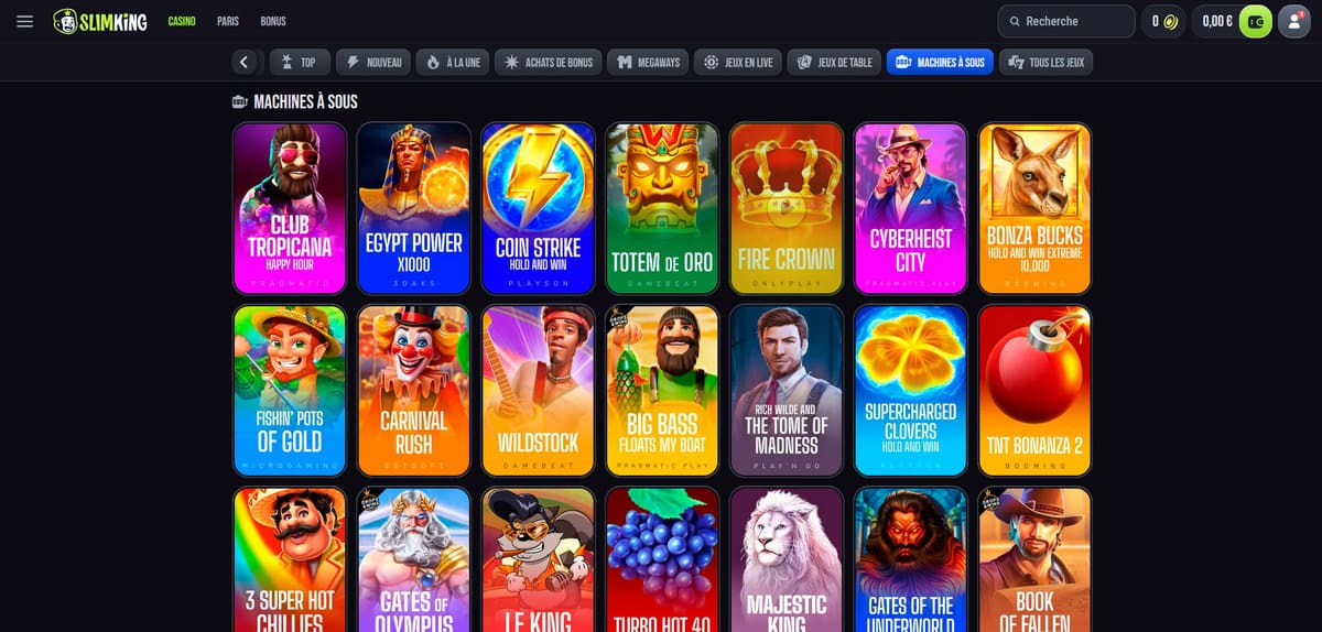 Lobby des machines à sous de Slim King Casino avec plusieurs vignettes de slots populaires