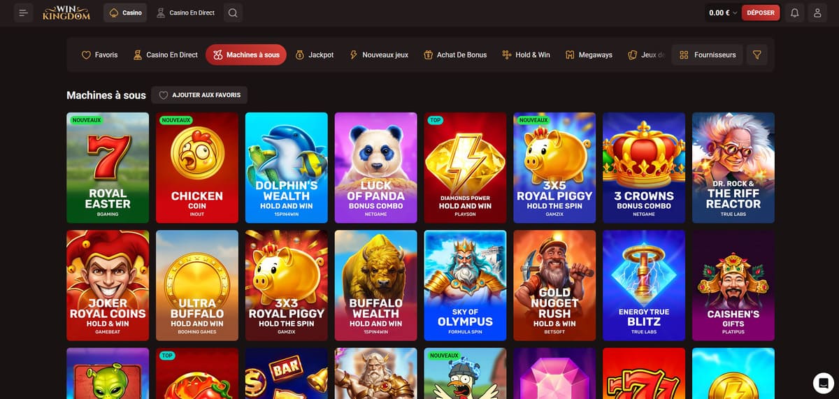 Lobby des machines à sous de WinKingdom avec les catégories Megaways et jackpots