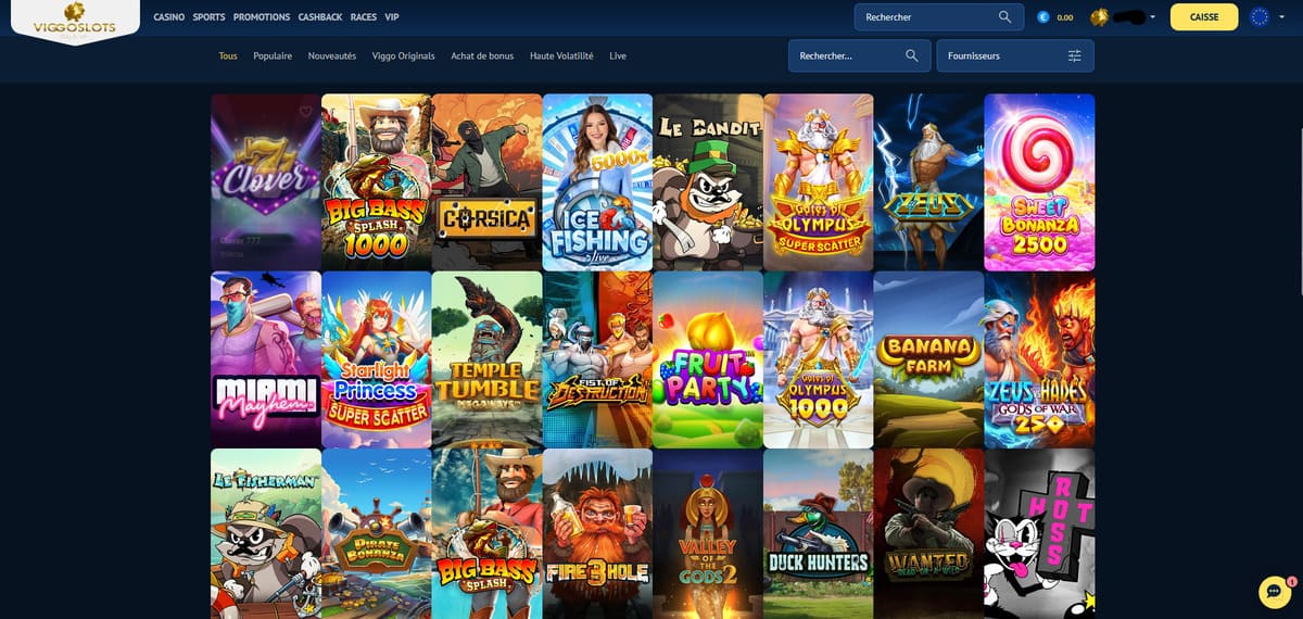 Lobby de machines à sous du casino en ligne Viggoslots avec la grille de jeux populaires affichée