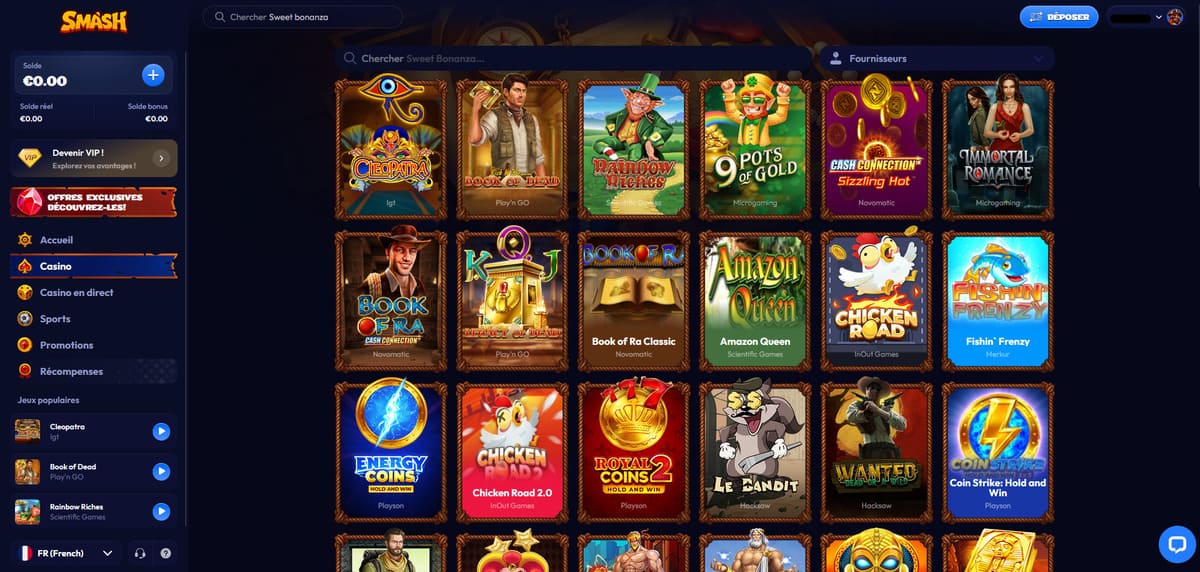 Machines à sous du lobby de Smash Casino avec vignettes des jeux populaires visibles