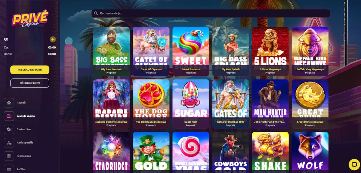 Lobby des machines à sous de Privé Casino avec les filtres par fournisseur et les jeux Hacksaw et Pragmatic Play en vedette