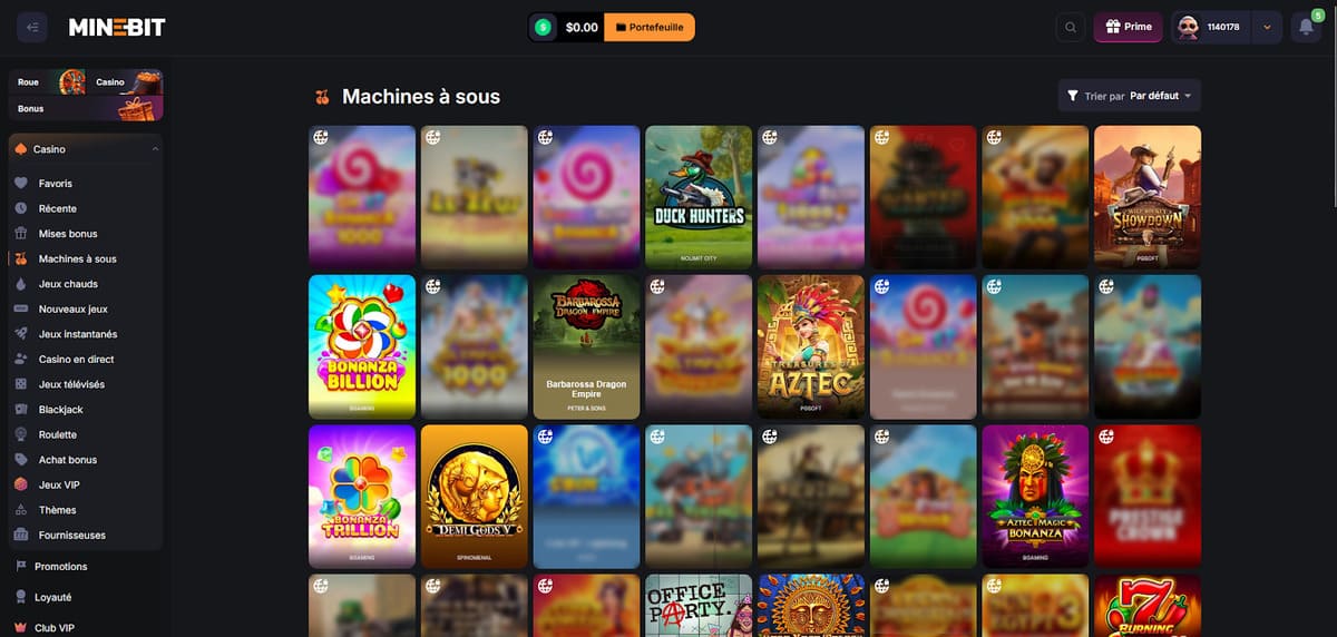 Lobby des machines à sous de Minebit avec une sélection de slots Nolimit City et Pragmatic Play