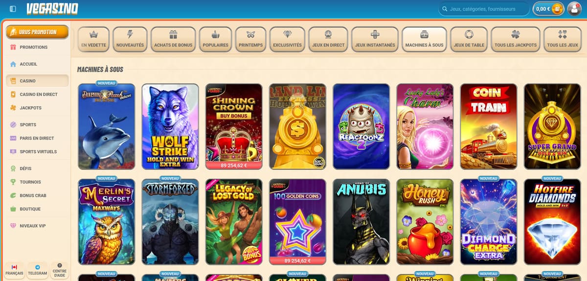 Lobby des machines à sous de Vegasino avec la mise en avant des jackpots progressifs