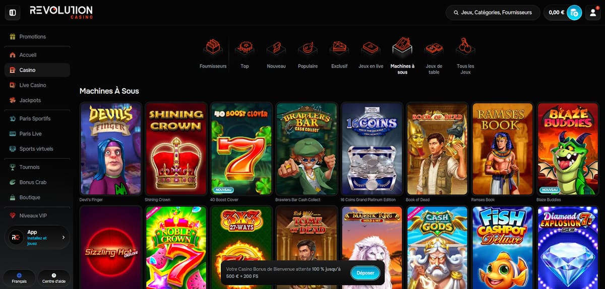 Section machines à sous de Revolution casino avec les slots disponibles de Pragmatic Play et Hacksaw Gaming