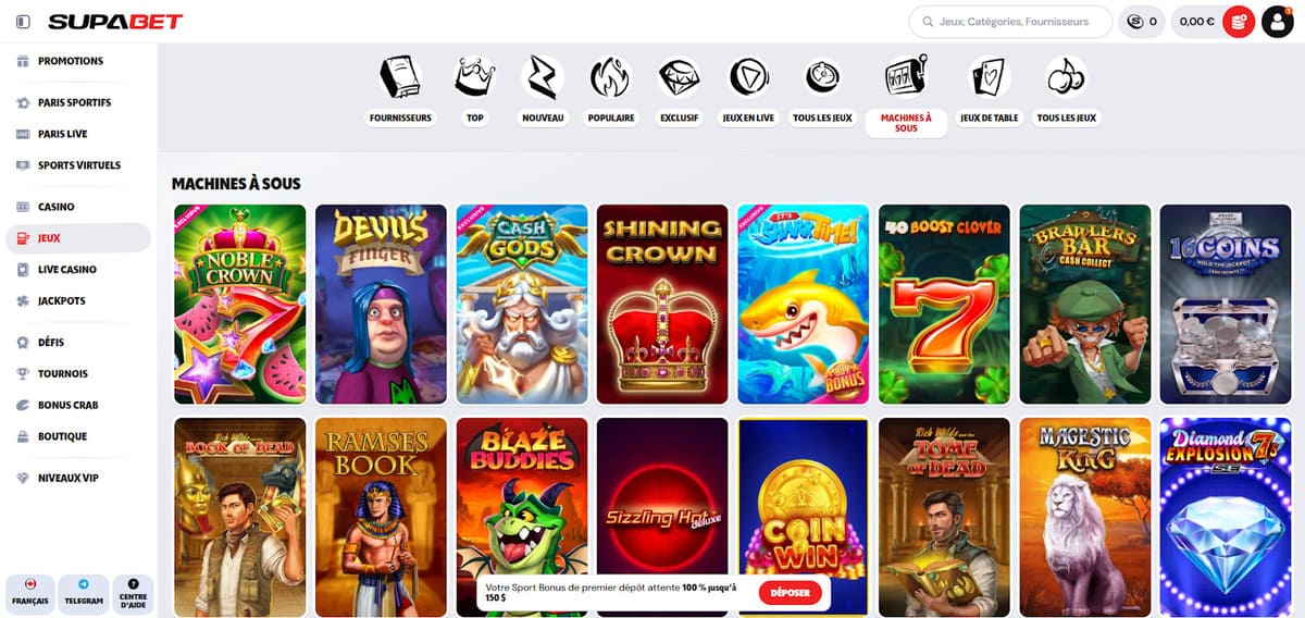 Lobby machines à sous de Supabet Casino avec plus de 7 000 titres disponibles depuis les fournisseurs partenaires