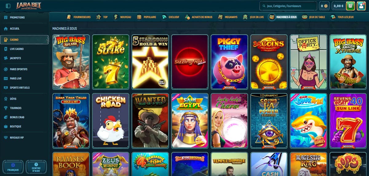 Section machines à sous de Larabet casino affichant les slots disponibles par catégorie et fournisseur