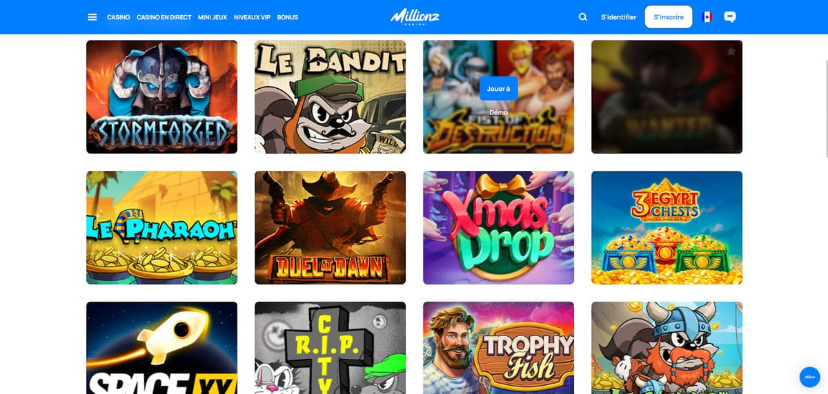 Section machines à sous de Millionz Casino présentant la sélection de slots par fournisseurs