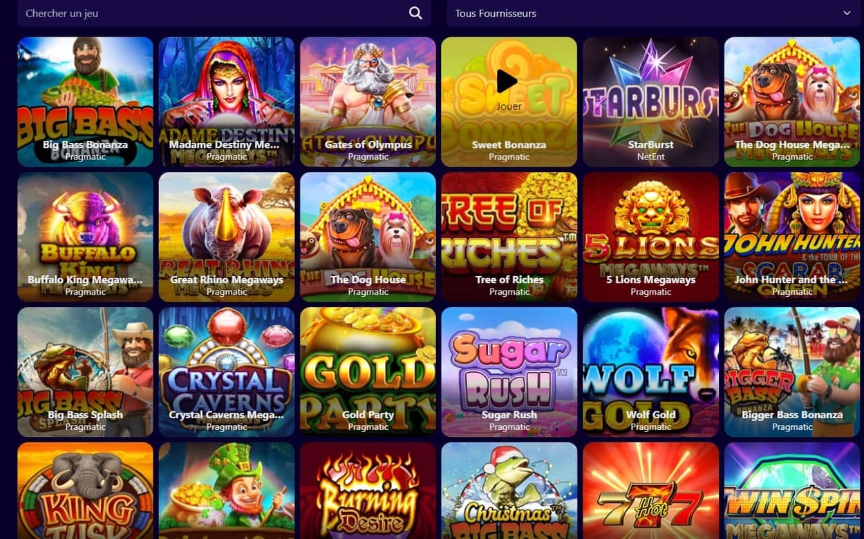 Section machines à sous de Slottio Casino affichant les titres Pragmatic Play et Hacksaw Gaming disponibles