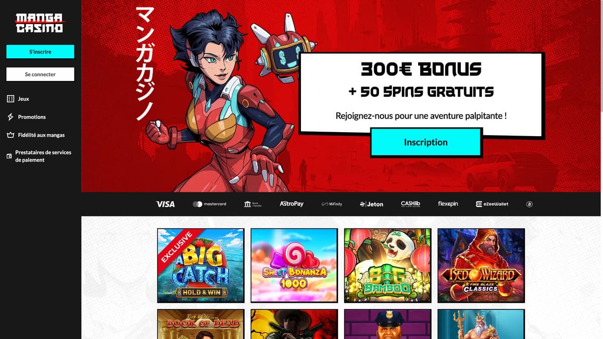Lobby de Manga Casino avec la sélection de machines à sous et jeux en vedette dans l'interface anime