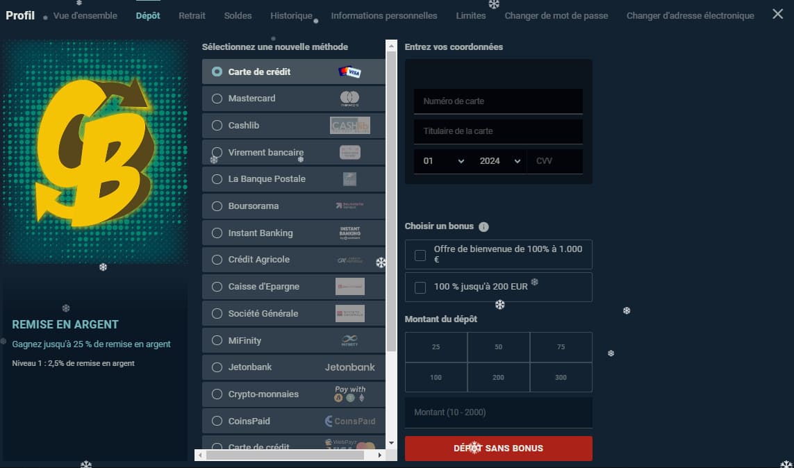 Page des méthodes de dépôt de RANT Casino avec carte bancaire, Skrill et cryptomonnaies