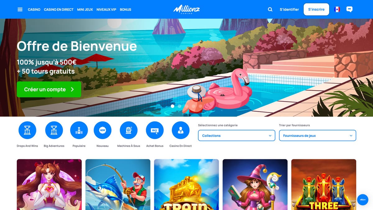 Lobby du Millionz Casino affichant la page d'accueil avec les 6 500 jeux disponibles en catalogue
