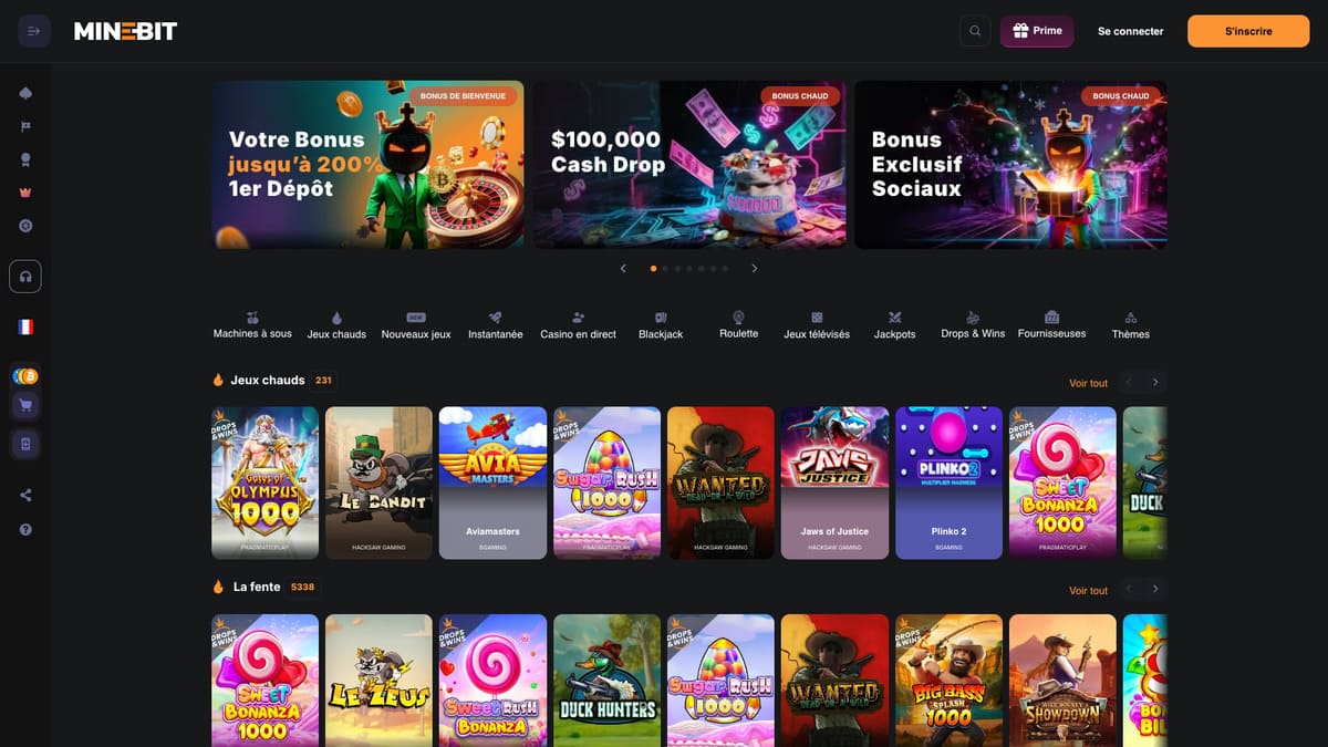 Interface du lobby de Minebit avec le thème mine et les catégories de jeux mises en avant