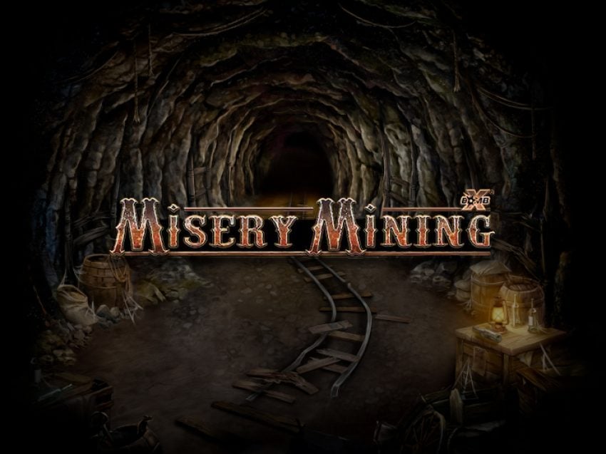 Écran d'ouverture de Misery Mining avec le logo affiché dans un tunnel de mine éclairé à la lampe