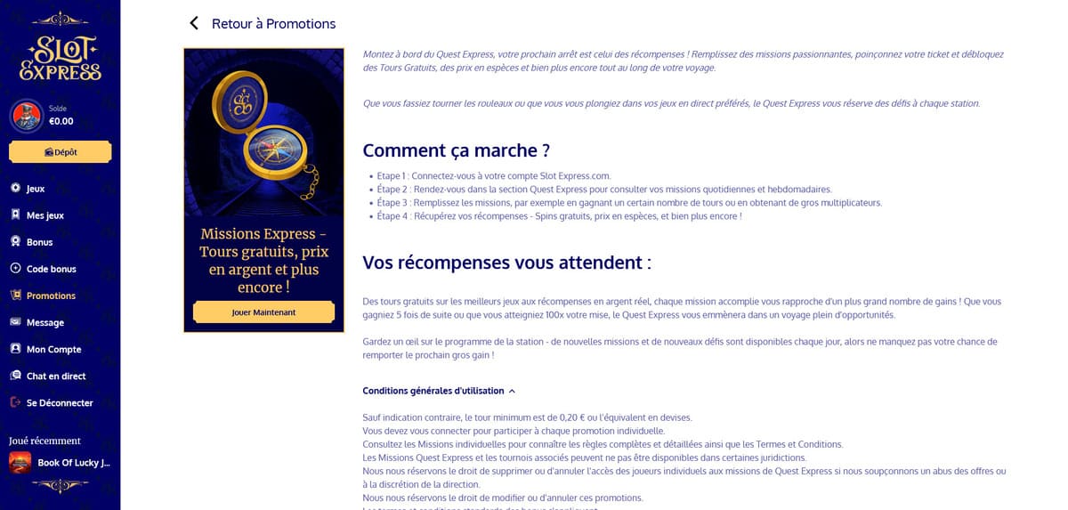 Écran des Missions Express de SlotExpress avec les défis quotidiens et hebdomadaires