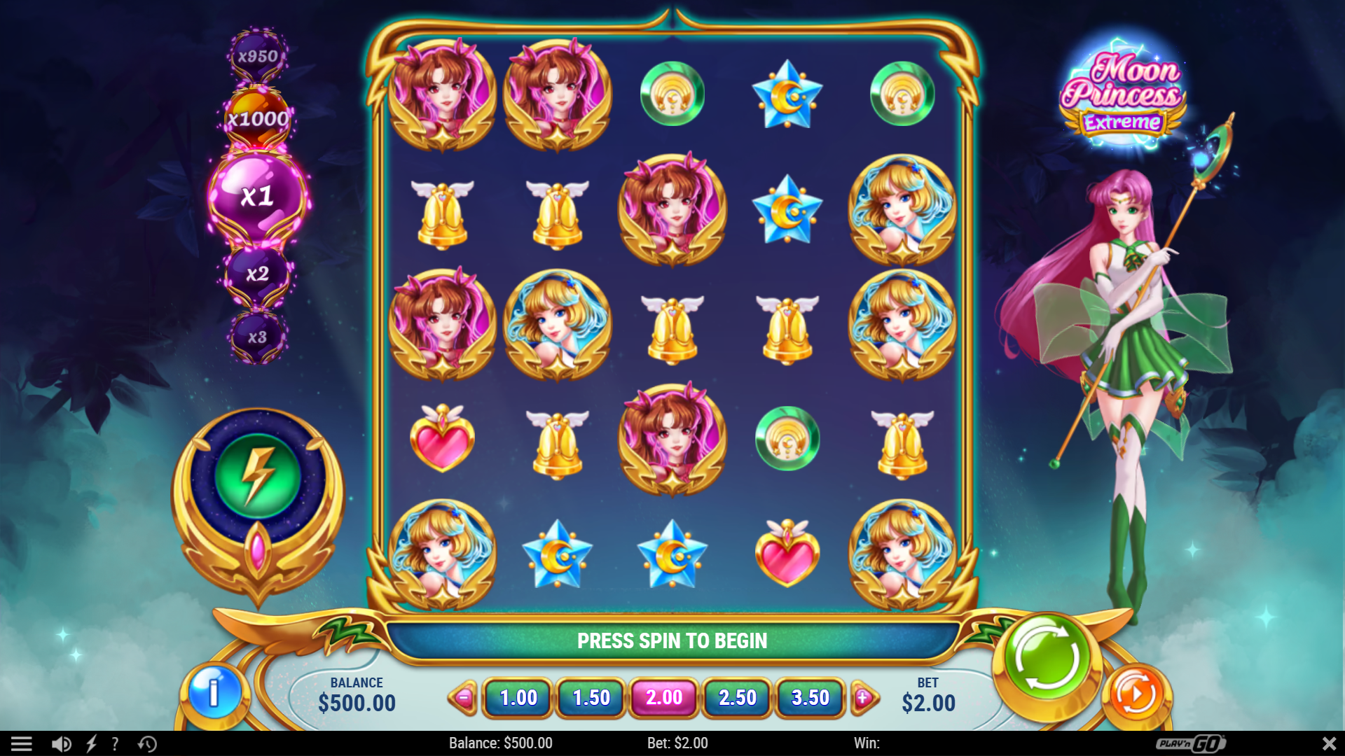 Grille de base 5x5 de Moon Princess Extreme avec les trois princesses Love, Star et Storm visibles