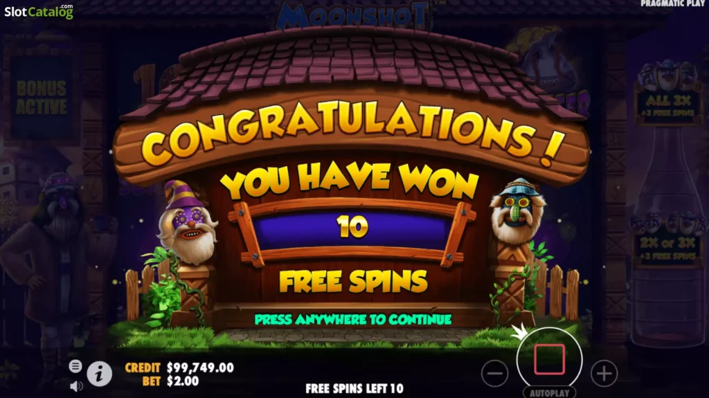 Écran de victoire des free spins sur Moonshot annonçant 10 tours gratuits gagnés