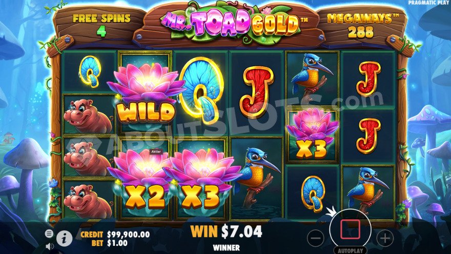 Free Spins Sticky Wilds de Mr Toad Gold Megaways avec plusieurs nénuphars wilds verrouillés