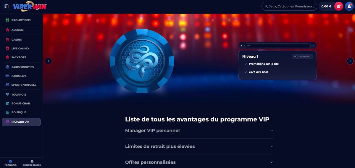 Tableau des niveaux VIP de ViperWin casino avec les avantages par palier