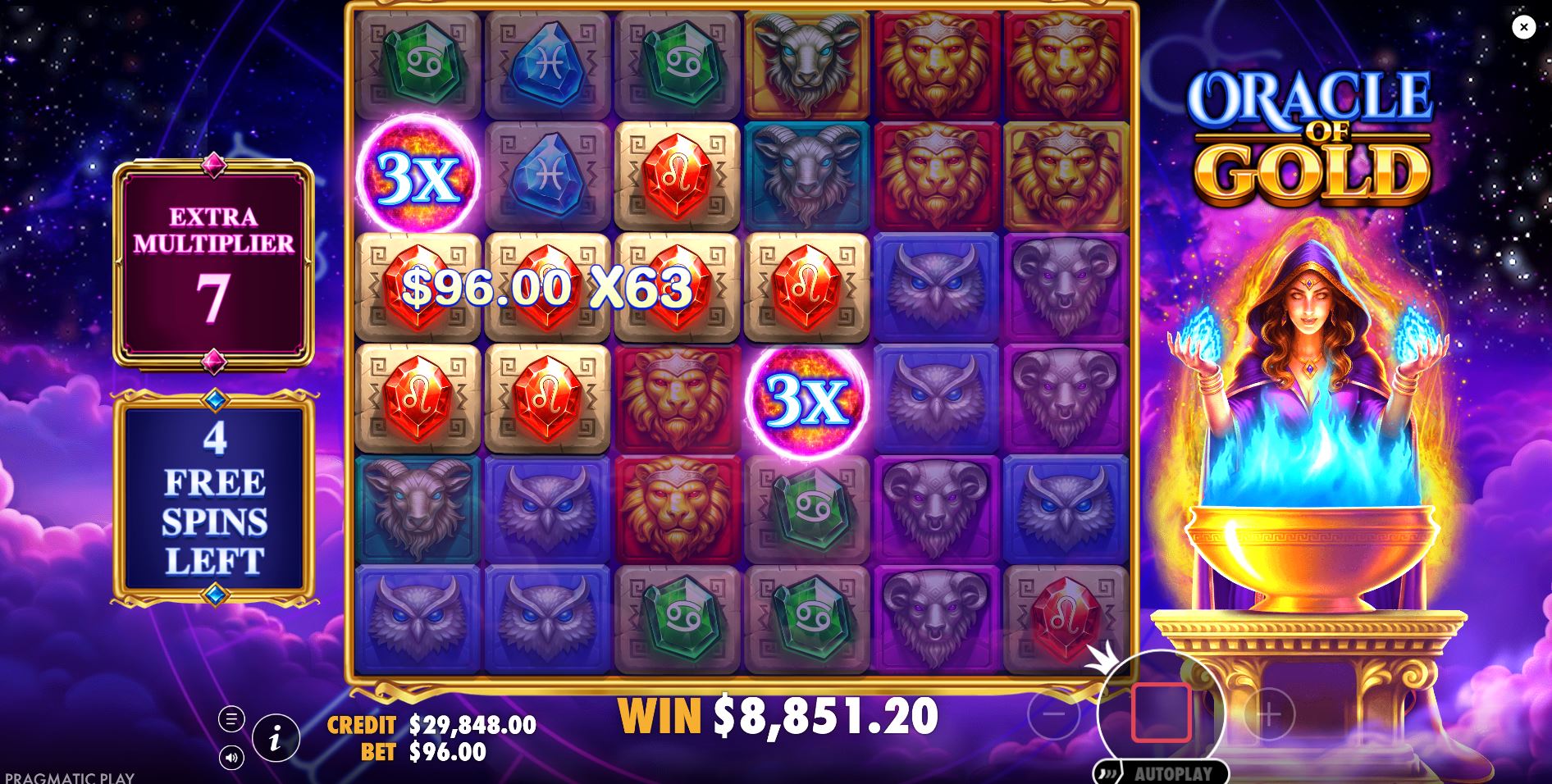 Écran de gain bonus sur Oracle of Gold avec multiplicateur élevé pendant les free spins