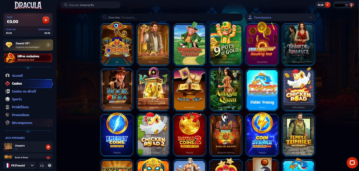 Interface du lobby de jeux de Dracula Casino avec machines à sous et jeux de table visibles