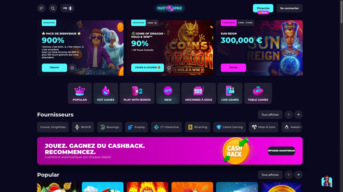 Interface du lobby de PartySpinz avec les machines à sous et le pack de bienvenue mis en avant