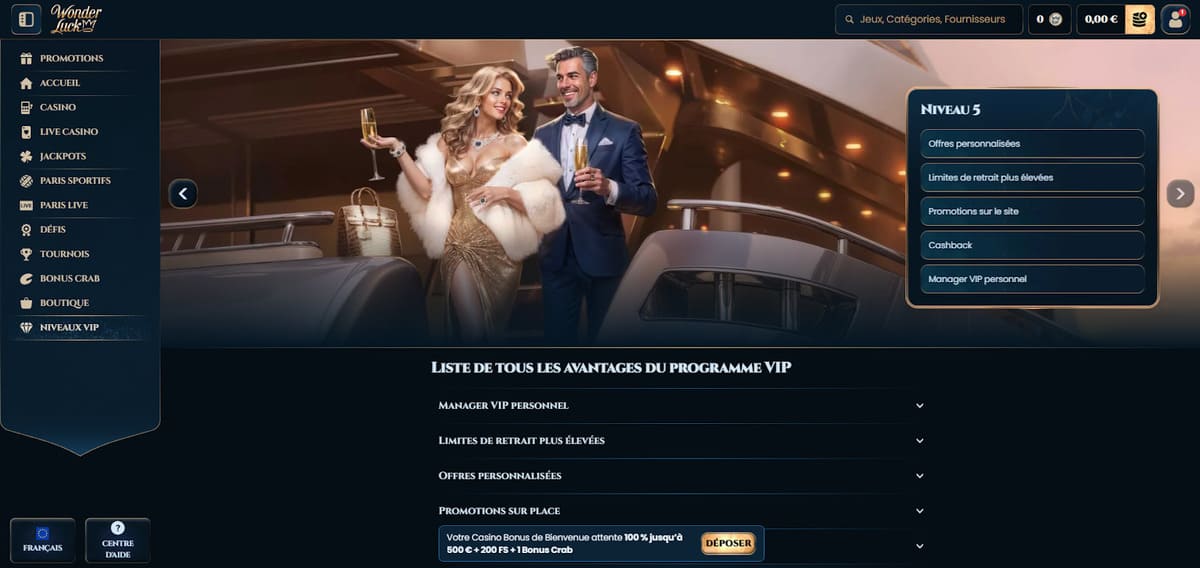 Programme VIP Wonder Luck Casino affichant les 5 paliers de fidélité et leurs avantages exclusifs