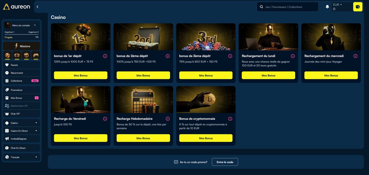 Page des promotions d'AureonPlay affichant le pack de bienvenue et les offres hebdomadaires