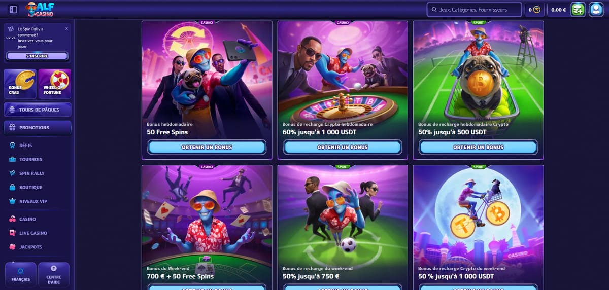 Page des promotions Alfcasino affichant les offres de rechargement week-end et les cashbacks disponibles