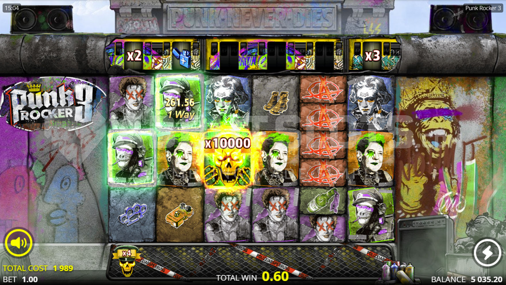 Menu Bonus Buy Punkest Spins x10000 de Punk Rocker 3 avec l'option d'achat à 1989x la mise