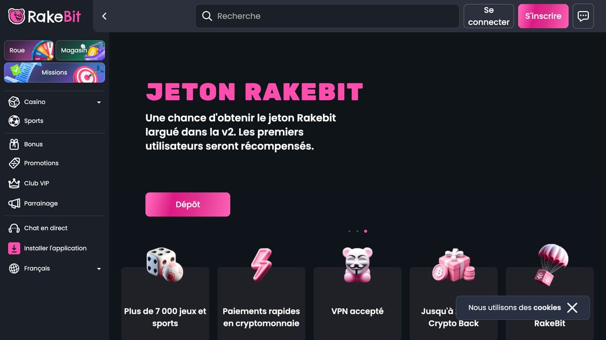 Lobby de Rakebit casino avec la grille de jeux crypto et la section mini-jeux Aviator au premier plan