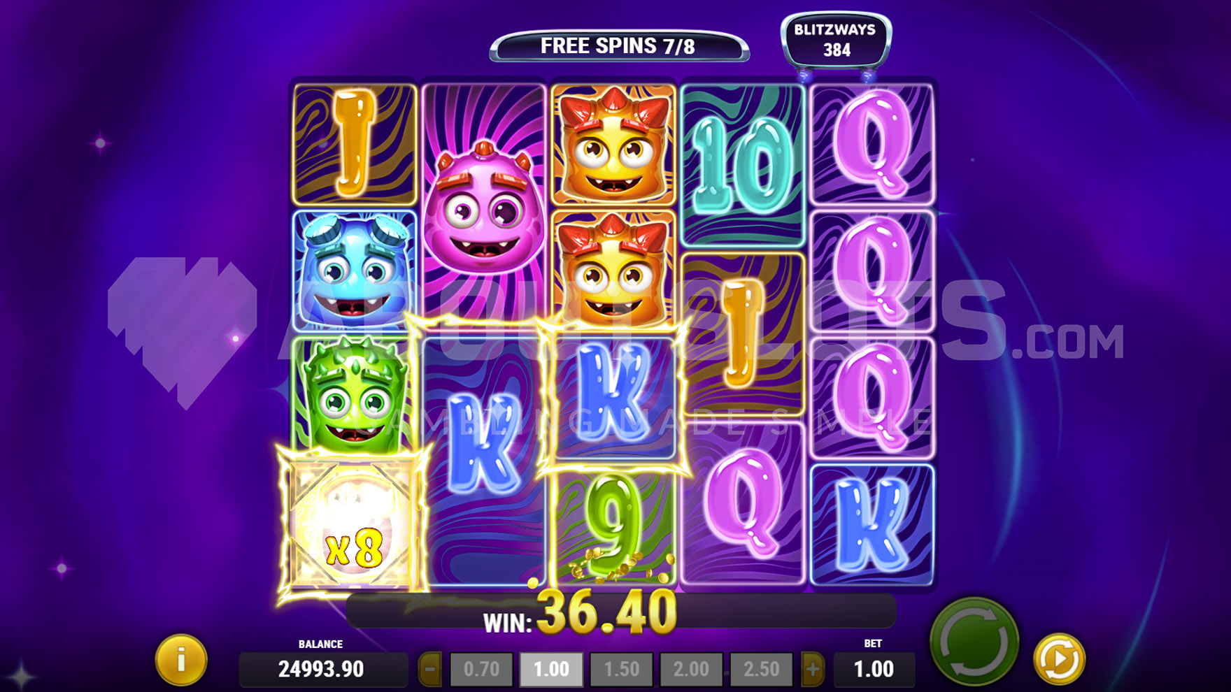 Écran de free spins de Reactoonz Blitzways avec wilds multiplicateurs collants sur plusieurs rouleaux